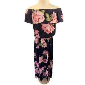 Rebecca B Flounce Off-Shoulder Maxi Dress Sz 6 Pink Floral on Navy Poly Spandex